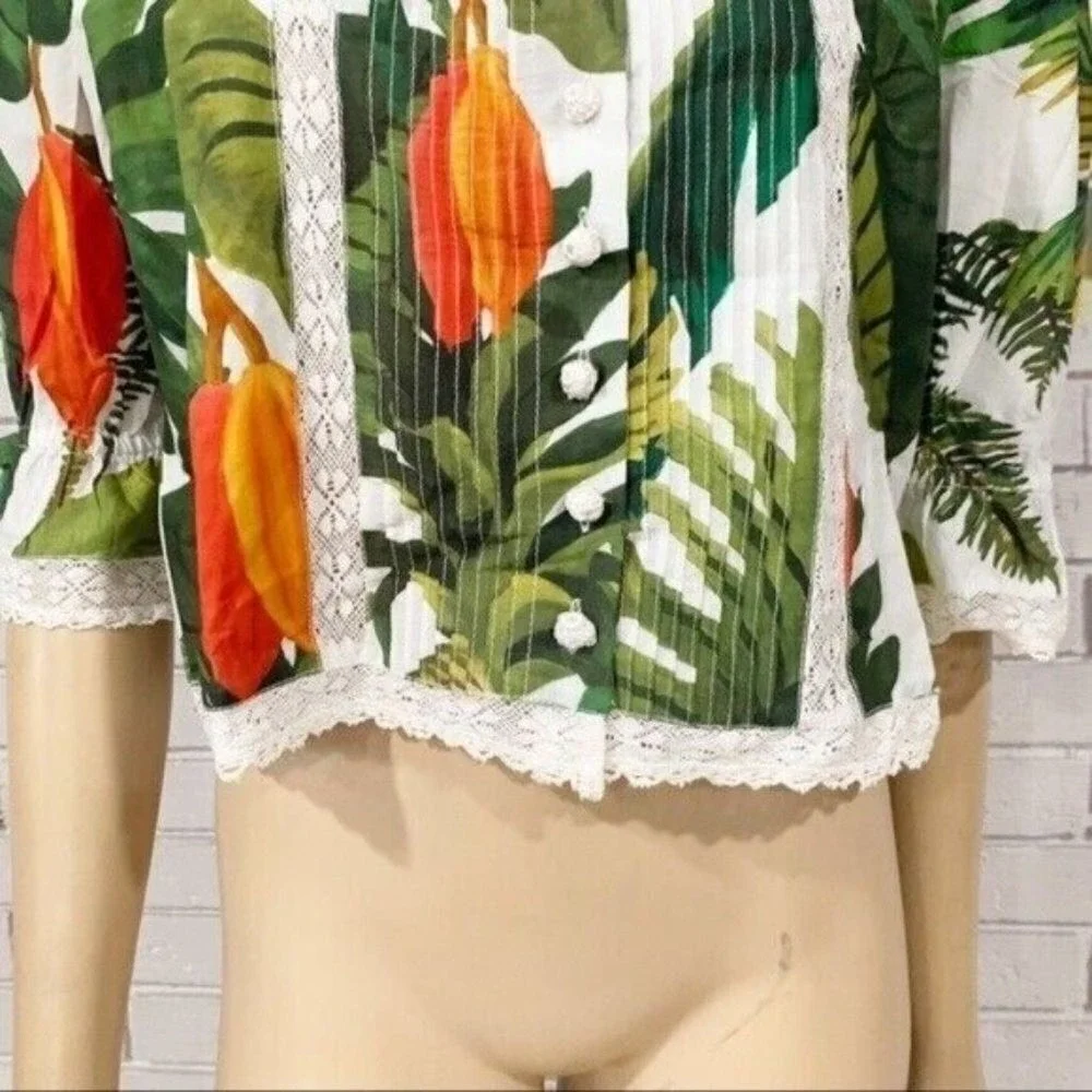 Farm Rio Green White Lace Trim Puff Sleeve Square Neck Button Front Top NWT M
